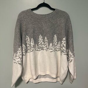 LOFT Gray and White Crew Neck Sweater with Minimalist Tree Design